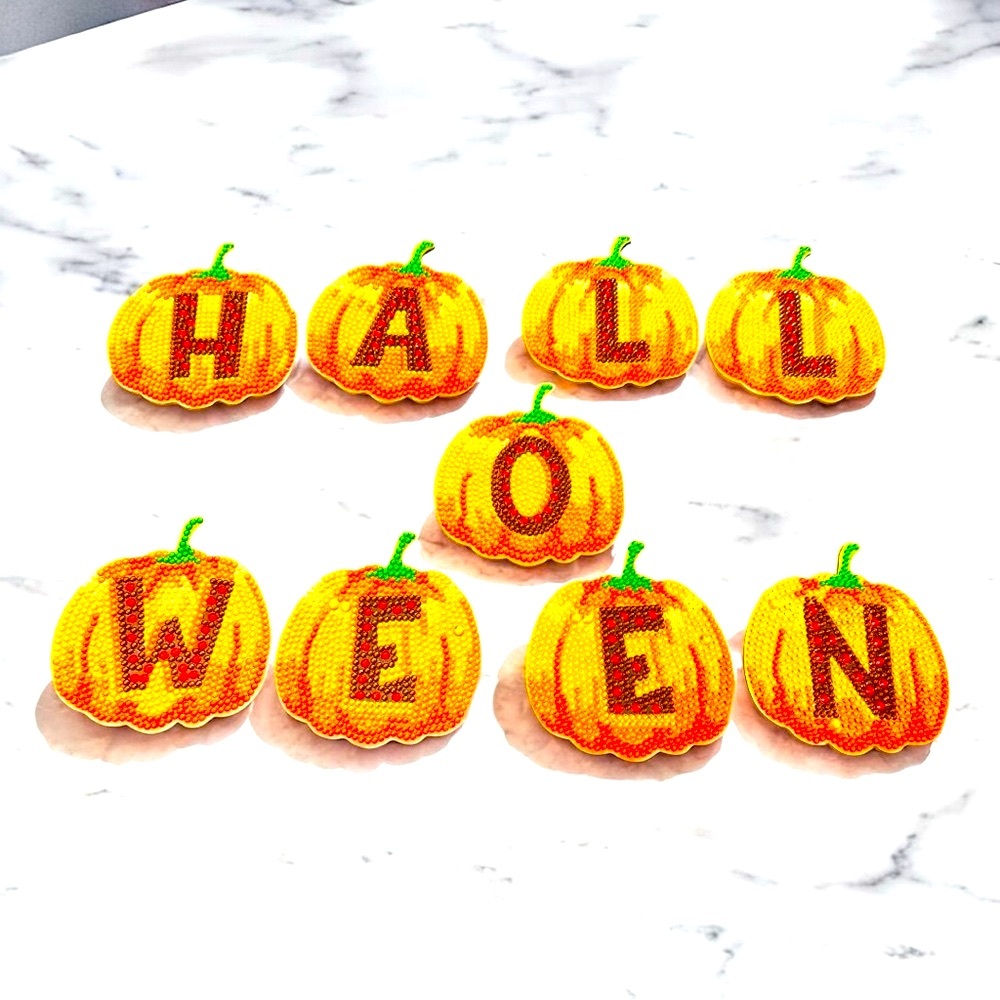 Coaster Set of 9 Halloween Pumpkins Hand Crafted & Sealed with Holder - Picture 4 of 4